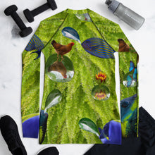 Load image into Gallery viewer, Mischievous Fish Swimming in Ferns (And Blowing Bubbles): Women&#39;s Rash Guard