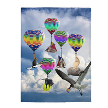 Load image into Gallery viewer, Velveteen Plush Blanket - Fantasy land of cats, dogs, a shark and hot air balloons!