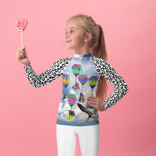 Load image into Gallery viewer, Kids Rash Guard - Hot air balloons with flying cats, dogs, a shark, and a seagull