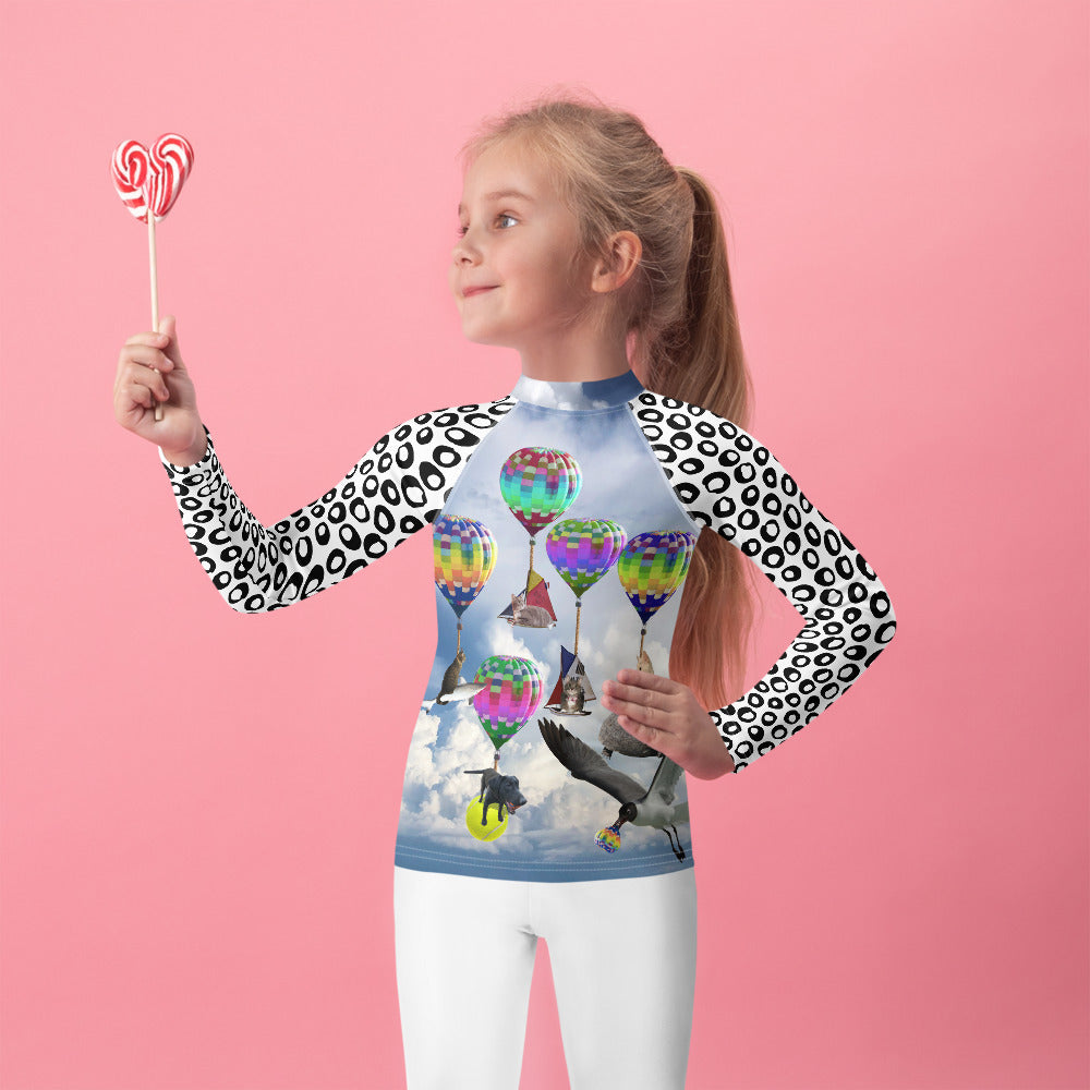 Kids Rash Guard - Hot air balloons with flying cats, dogs, a shark, and a seagull