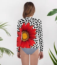 Load image into Gallery viewer, Youth Rash Guard - Fun UPF Red Flower Shirt with Black and White Polka Dots