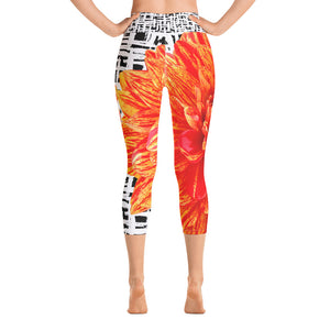 Yoga Capri Leggings - Bold Orange Flower Pattern