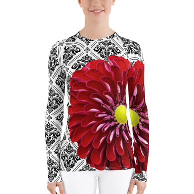 Women's Rash Guard- Red Flower Tennis Top