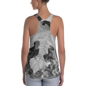 Women's Racerback Tank - Pond Scene on the Front and Black and White Leaf on the Back