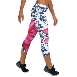 Capri Leggings - 300 Club - Pink Water Lily with Navy Blue Background