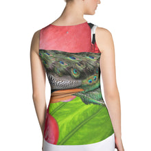 Load image into Gallery viewer, Colorful Peacock Tank Top with Pink Flowers and Tropical Green Leaves - Athletic Top - Tennis Top - Tennis Shirt