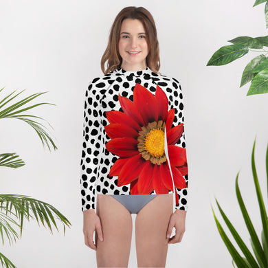 Youth Rash Guard - Fun UPF Red Flower Shirt with Black and White Polka Dots