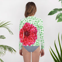 Load image into Gallery viewer, Youth Rash Guard- Pink Dahlia with Green Pattern Background