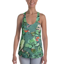 Load image into Gallery viewer, Women&#39;s Racerback Tank - Pond Scene on the Front and Black and White Leaf on the Back