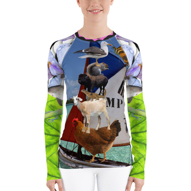 Women's Rash Guard - Ahoy!!! Chicken, Goat, Lizard, Squirrel, Sailboat, Paddle Board, SUP, Shark, Buffalo, Bison