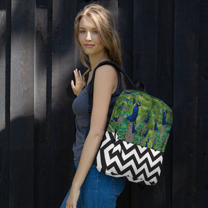 All-Over Print Backpack- Peacock Parade with Black and White Chevron Print