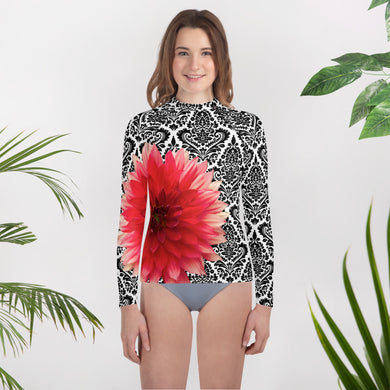 Youth Rash Guard - Pink Dahlia Flower with Black and White Pattern Background