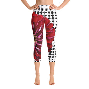 Yoga Capri Leggings - Beautiful Bold Red Flower with Black and White Polka Dots - Unique Floral Yoga Pants