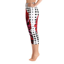 Load image into Gallery viewer, Yoga Capri Leggings - Beautiful Bold Red Flower with Black and White Polka Dots - Unique Floral Yoga Pants