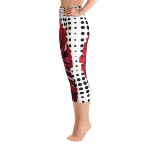 Yoga Capri Leggings - Beautiful Bold Red Flower with Black and White Polka Dots - Unique Floral Yoga Pants