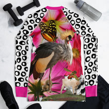 Load image into Gallery viewer, Women&#39;s Rash Guard- Crazy Animal Collage - Crested Crown, Spider, Trout, Fish, Squirrel, Butterfly, Goat, Fish Scales, Pink Flowers