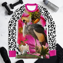 Load image into Gallery viewer, Women&#39;s Rash Guard- Crazy Animal Collage - Crested Crown, Spider, Trout, Fish, Squirrel, Butterfly, Goat, Fish Scales, Pink Flowers