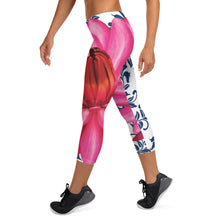 Load image into Gallery viewer, Capri Leggings - 300 Club - Pink Water Lily with Navy Blue Background