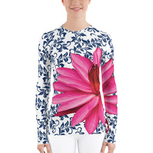 Load image into Gallery viewer, Women&#39;s Rash Guard- 300 Club 3.0 Team - Regular Size - Pink Water Lily - Navy Blue background