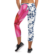 Load image into Gallery viewer, Capri Leggings - 300 Club - Pink Water Lily with Navy Blue Background