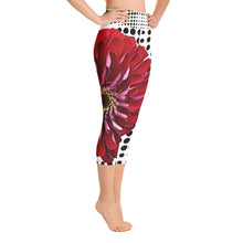 Load image into Gallery viewer, Yoga Capri Leggings - Beautiful Bold Red Flower with Black and White Polka Dots - Unique Floral Yoga Pants