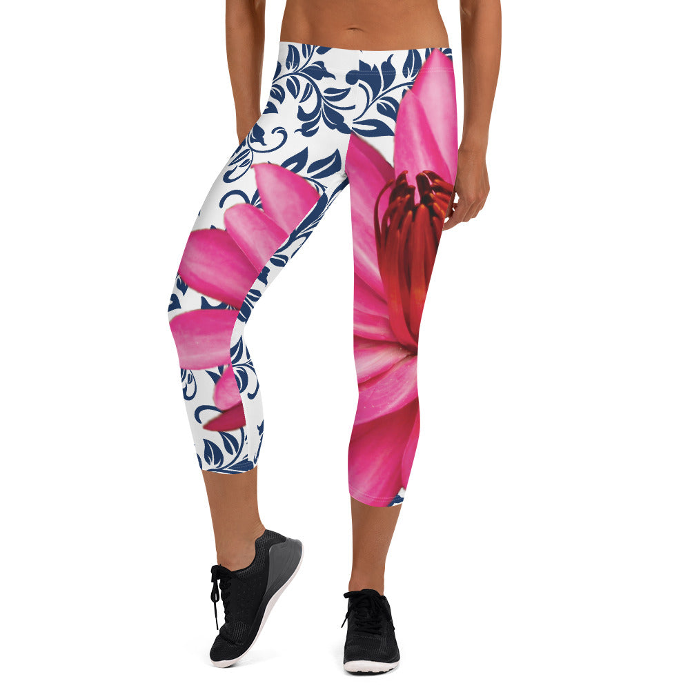 Capri Leggings - 300 Club - Pink Water Lily with Navy Blue Background