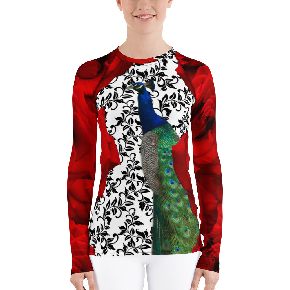 Women's Rash Guard - UPF Shirt - Sun Shirt - Roses and Peacock