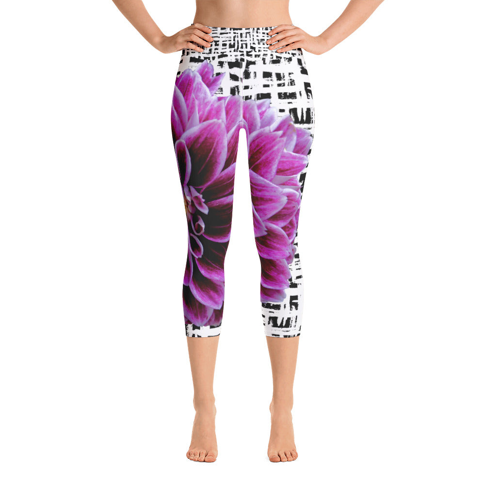 Yoga Capri Leggings - Purple Dahlia Bold Flower Print