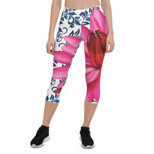 Load image into Gallery viewer, Capri Leggings - 300 Club - Pink Water Lily with Navy Blue Background