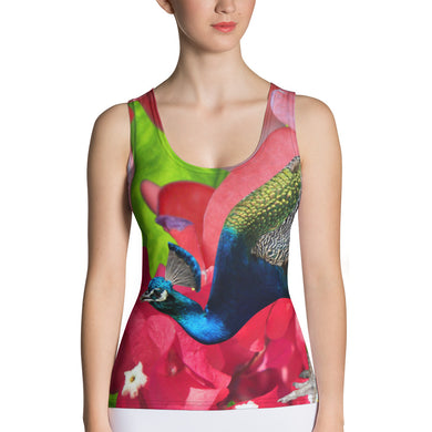 Colorful Peacock Tank Top with Pink Flowers and Tropical Green Leaves - Athletic Top - Tennis Top - Tennis Shirt