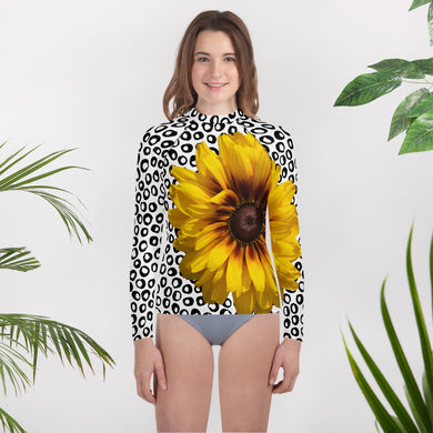 Youth Rash Guard- Sunflower with Polka Dots