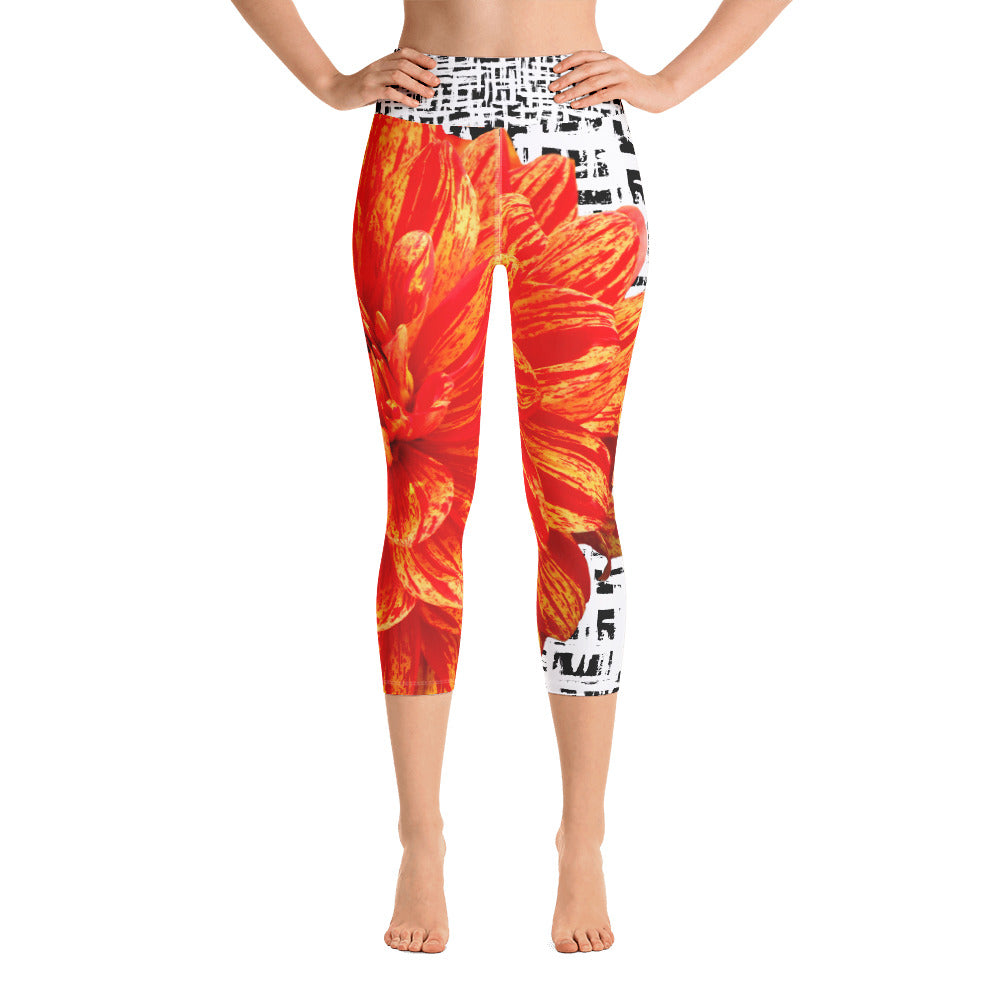 Yoga Capri Leggings - Bold Orange Flower Pattern